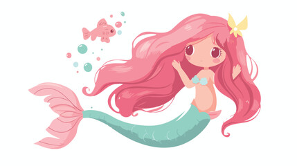 Cute cartoon pink tail mermaid with a friend fish. Vector