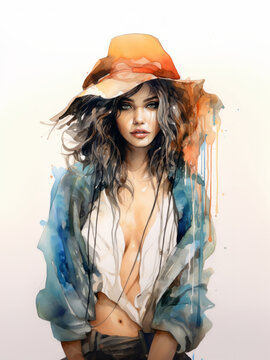 Watercolor woman fashion illustration in blue and orange colors, fashion girl in hat sketch, makeup. Young and beautiful woman illustration for poster, print, fashion concept.
