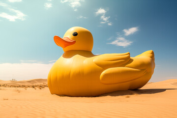 A rubber duck stuck in the desert due to climate change and high temperatures and drought