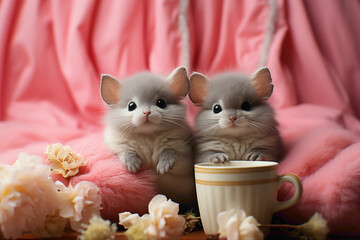 Enchanting baby chinchillas sipping milk from a feeder against a soft pastel pink background, their fur appearing velvety and inviting. - obrazy, fototapety, plakaty