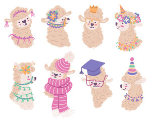 Naklejka premium Cute alpaca faces, set of cartoon vector illustration on white background