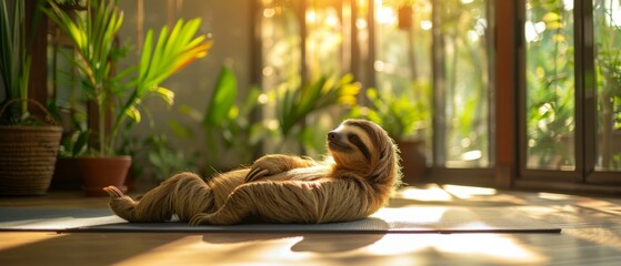 Fototapeta premium A sloth is laying on a yoga mat in front of the sun. Generative AI.