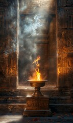 A fire is burning in a bowl in front of a stone door. Generative AI.