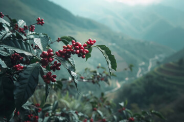 closeup of branch of red coffee beans growing on plantation in mountain