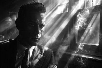 thoughtful male detective investigator smokes in the office. Retro black and white noir style - obrazy, fototapety, plakaty