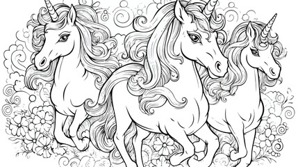 Cute cartoon unicorns Coloring book page Vector illustration
