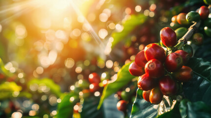 branch of ripe red coffee beans growing on plantation with sunshine