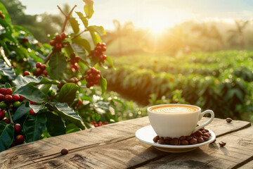 cup of cappuccino on table with roasted coffee beans and plantation at sunrise as background
