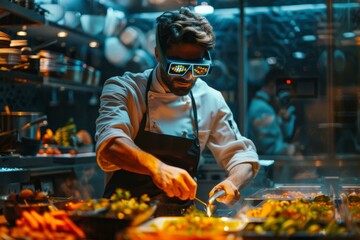 A man in a restaurant wearing sunglasses cooking food on the grill. Generative AI.