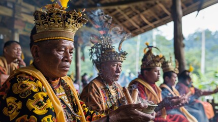 A solemn moment during a traditional ceremony, with participants clad in ceremonial attire, offering respects and prayers in a sacred ritual that has been passed down through generations.