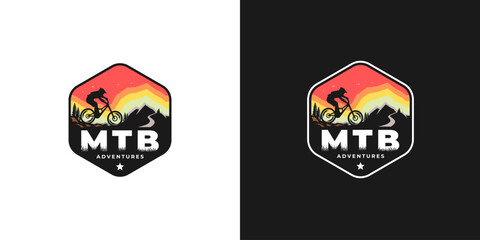 An MTB (Mountain Bike) illustration emblem logo featuring a mountain trail against a retro-toned sky, capturing the essence of adventure and nature.