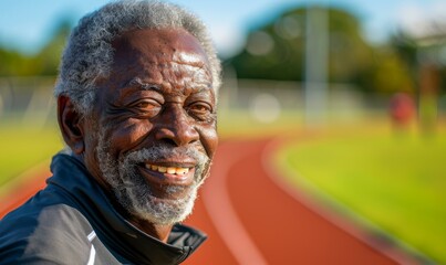 A close up of a man smiling on the track. Generative AI. - Powered by Adobe