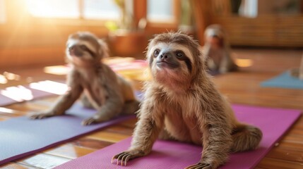 A sloth is sitting on a yoga mat with other animals. Generative AI.