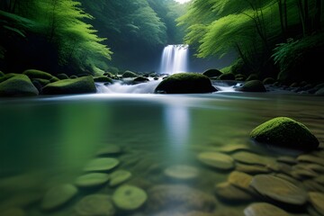 The lush green landscape of Oirase in Japan showcases the beauty of nature during summertime, with...