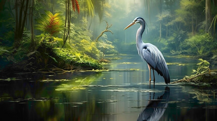 Elegant heron gracefully wading through a tranquil forest pond, its long neck and bill poised for a moment of serene stillness. - obrazy, fototapety, plakaty