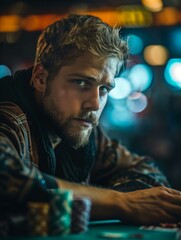 Obraz premium A man sitting at a table with poker chips in front of him. Generative AI.