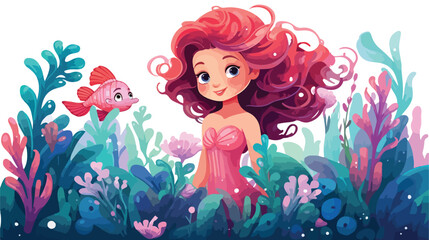 Obraz na płótnie Canvas Beautiful little mermaid hiding in the corals