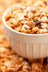 Muesli oat cereals with raisins, dried fruits and sunflower seeds in bowl. Healthy breakfast 