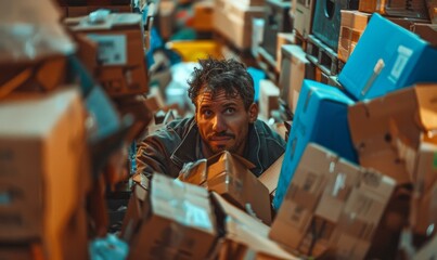 A man is surrounded by boxes and other items in a warehouse. Generative AI.