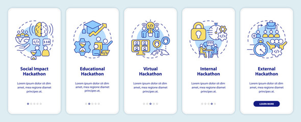 Hackathons types onboarding mobile app screen. Tech events walkthrough 5 steps editable graphic instructions with linear concepts. UI, UX, GUI template. Myriad Pro-Bold, Regular fonts used - obrazy, fototapety, plakaty