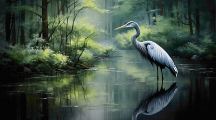 Elegant heron gracefully wading through a tranquil forest pond, its long neck and bill poised for a moment of serene stillness. - obrazy, fototapety, plakaty