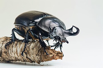 Mystic portrait of Rhinoceros Beetle on root in studio, copy space on right side, Headshot, Close-up View, 