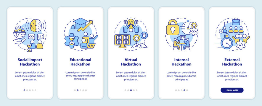 Naklejki Hackathons types onboarding mobile app screen. Tech events walkthrough 5 steps editable graphic instructions with linear concepts. UI, UX, GUI template. Myriad Pro-Bold, Regular fonts used