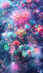 A digital painting of a flower with many colors and swirls.