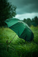 A green umbrella sitting in a grassy field with rain falling. Generative AI.