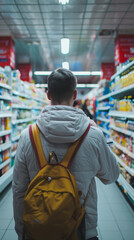 Obraz premium Shopping Expedition: Man Exploring Mall with Backpack