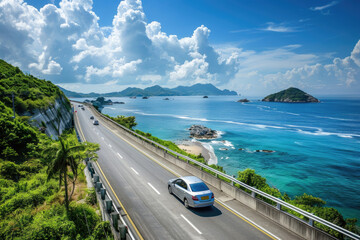 A car driving on the coastal highway, surrounded by cliffs and blue sea water, with green...