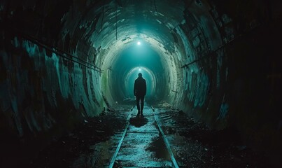 A man walking down a dark tunnel with a light shining in the background. Generative AI.