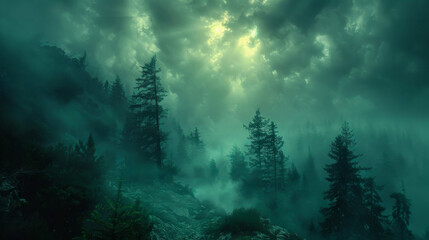 Fototapeta na wymiar Morning mood in a foggy forest