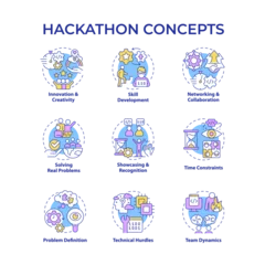 Foto op Plexiglas Hackathon multi color concept icons. Tech event for program developers. Tech solutions. Coding competition. Teamwork. Icon pack. Vector images. Round shape illustrations. Abstract idea © bsd studio
