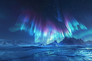Aurora in the night sky, Northern Lights landscape background, Arctic region bright light starry sky background