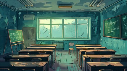 Abandoned school classroom, illustration, cartoon hand-drawing - obrazy, fototapety, plakaty