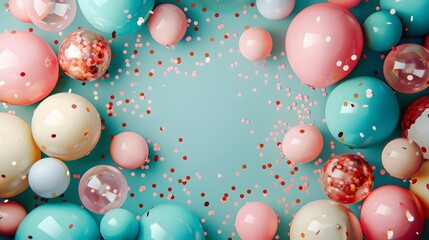 Festive Birthday Celebration with Balloons and Confetti, Green Pastel Background, Chaotic Elegance