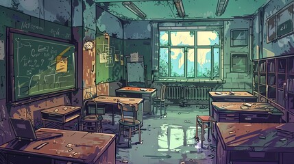 Abandoned school classroom, illustration, cartoon hand-drawing