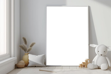 Mockup poster in children's room interior, poster on empty background