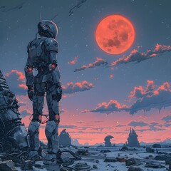 Lone Robot Warrior Standing Amidst the Haunting Dystopian Landscape of a Desolate Hell like World under a Crimson Moon