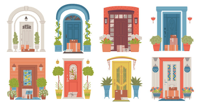 Various home entrance doors vector set, house porch with arch, flower pots and lanterns, delivery boxes and post package