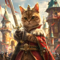 Cartoon Cat King Wielding Sword in Whimsical Fantasy Kingdom