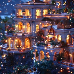 Obraz premium Enchanting Neon Lit Mediterranean Villa on a Surreal Space Colony with Floating Opera Notes