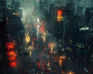 Digitally Rendered Metropolis with Rainy Neon Lit Streets and Towering Skyscrapers