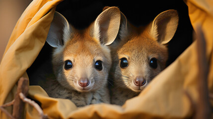 Cute baby kangaroos peeking out from their mothers' pouches, showcasing the unique and endearing parenting style of marsupials. - obrazy, fototapety, plakaty