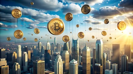 
Bitcoin tokens in the sky futuristic city