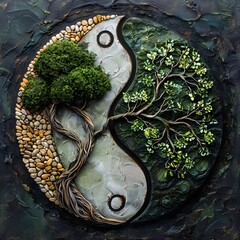 Vibrant Yin Yang Symbolism with Flourishing Trees in Harmonious Close up View