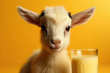 Cute baby goat sipping milk in pure delight against a sunny yellow background, radiating warmth and happiness. - obrazy, fototapety, plakaty