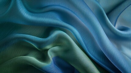 A piece of fabric with a blue and green swirl pattern. The fabric appears to be made of a shiny...