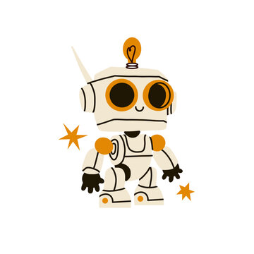 Cute robot. Chat bot mascot, AI symbol, artificial intelligence, support funny character face. Robotic technology mechanical android modern and vintage style, vector cartoon flat isolated illustration